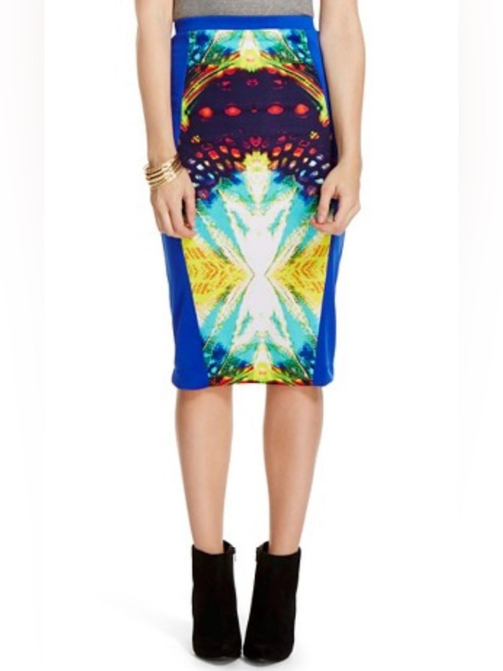 Women’s Medium XOXO Skirt Artsy Multicolor Floral Geometric Pencil Stretch Zip